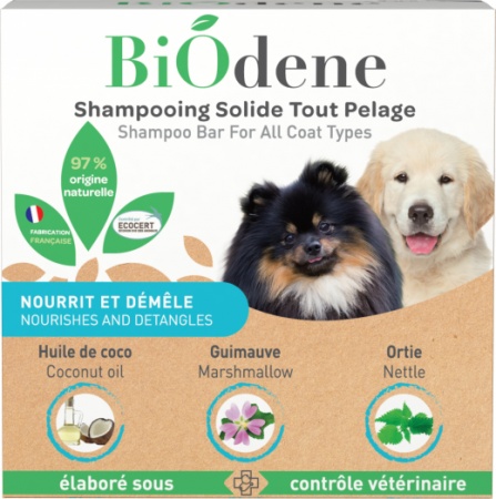 BiOdene - Shampooing Solide tout pelage Huile de Coco, Guimauve et Ortie pour Chien