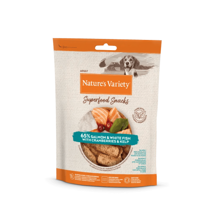 NATURE\'S VARIETY - Superfood Snacks / Friandises Chien SAUMON & POISSONS BLANCS, Cranberries & Varech